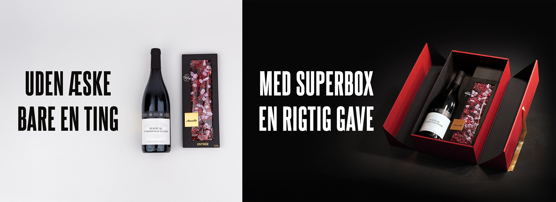 Et delt billede: på den ene side en flaske og chokolade "uden æske", på den anden side et gaveæt "med SUPERBOX"